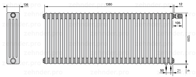 Схема (чертеж) Радиатор Zehnder Charleston 4120/30 №V002 Белый глянцевый RAL 9016